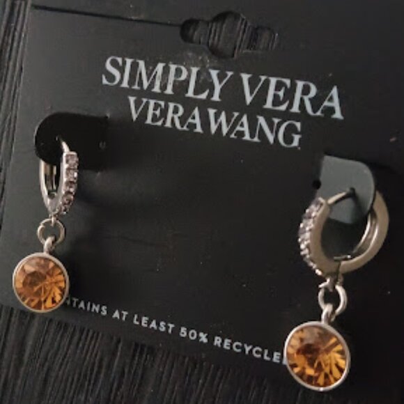 VERA WANG Mod/Contemporary Gunmetal Clear & Topaz Crystal Drop Hoop Earrings~NEW - Picture 3 of 3